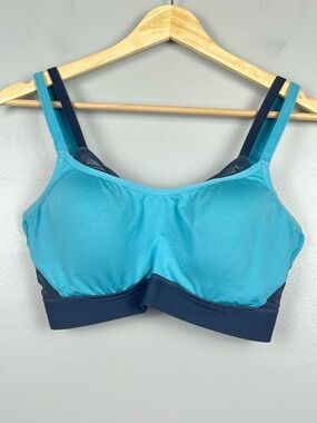 Natori Gravity Contour underwire sports bra, aqua & gray, 34DD.